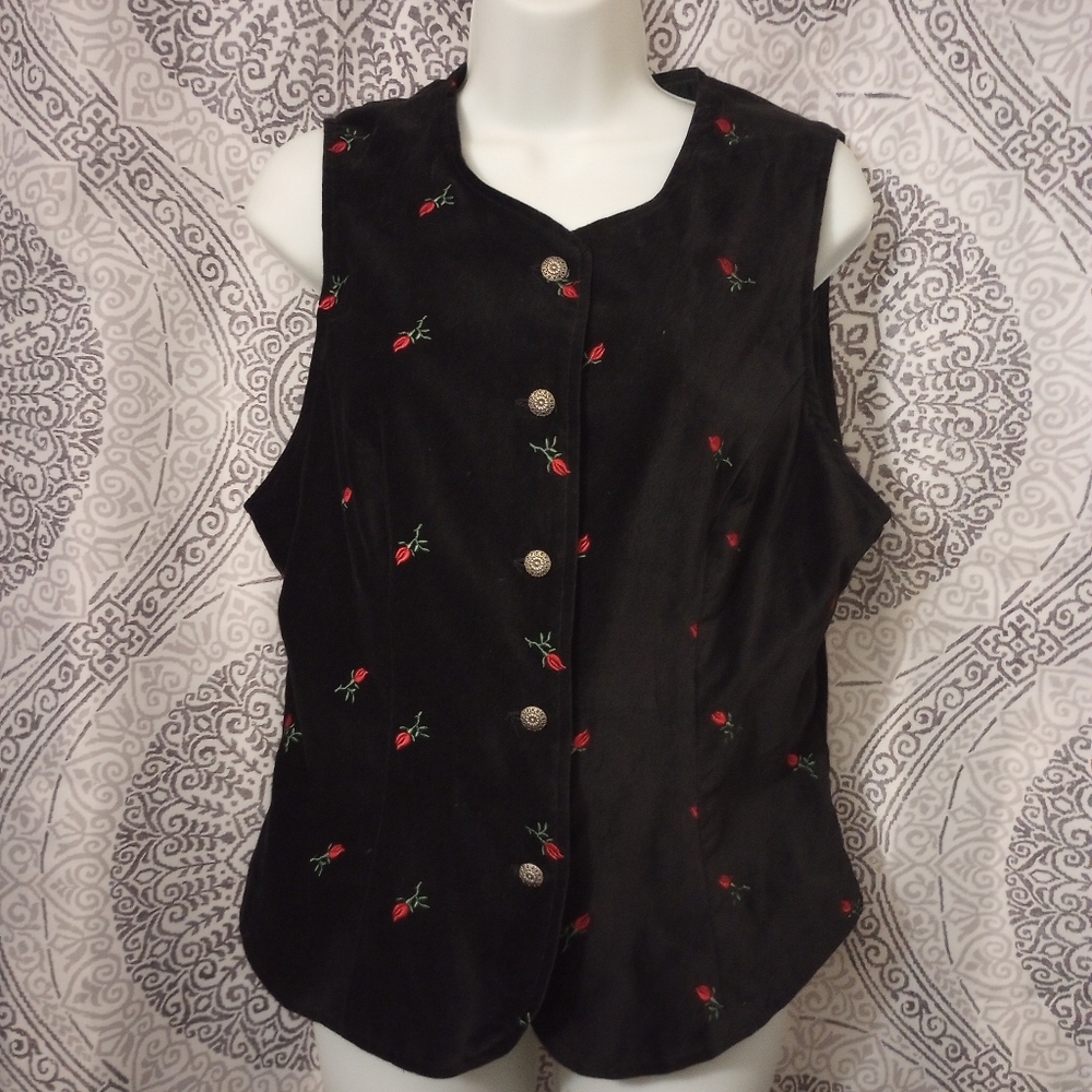 Vintage Stonebridge Goth Cotton Black Rose Velvet Vest Size 10 - Picture 6 of 9